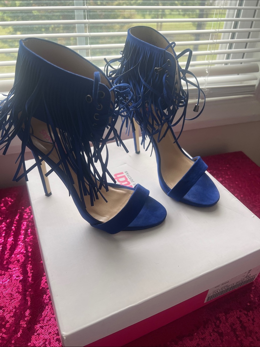 JustFab Royal Blue Fringe Lace-Up Stiletto Sandals